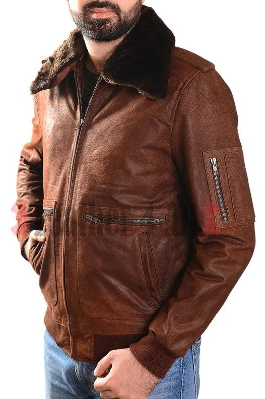 Men's Real Vintage Leather Aviator Jacket Flying Jacket Removable Fur Collar: