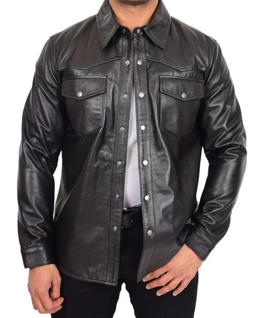Men's Real Lamb Leather Full Sleeves Black Leather Shirt