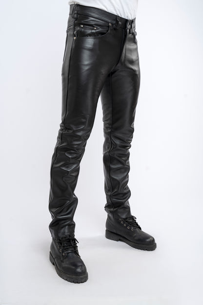 Men's Real Cow Leather Slim Fit 5 Pockets Style Pants Leather Slim Fit Casual Pants