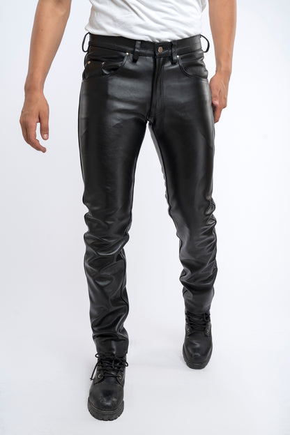 Men's Real Cow Leather Slim Fit 5 Pockets Style Pants Leather Slim Fit Casual Pants