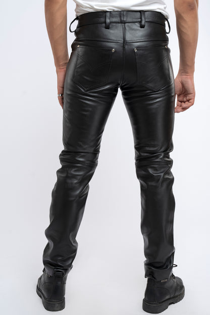 Men's Real Cow Leather Slim Fit 5 Pockets Style Pants Leather Slim Fit Casual Pants