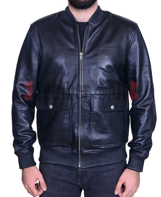 Men's Lamb Leather Bomber Jacket Patch Pocket Lamb Leather Bomber Jacket