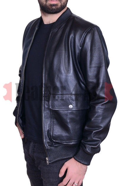 Men's Lamb Leather Bomber Jacket Patch Pocket Lamb Leather Bomber Jacket