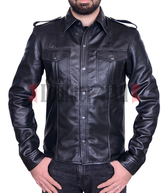 Men's Real Lamb Leather Police Shirt Full Sleeves Lamb Leathe Police / BLUF Club Wear Gay Shirt