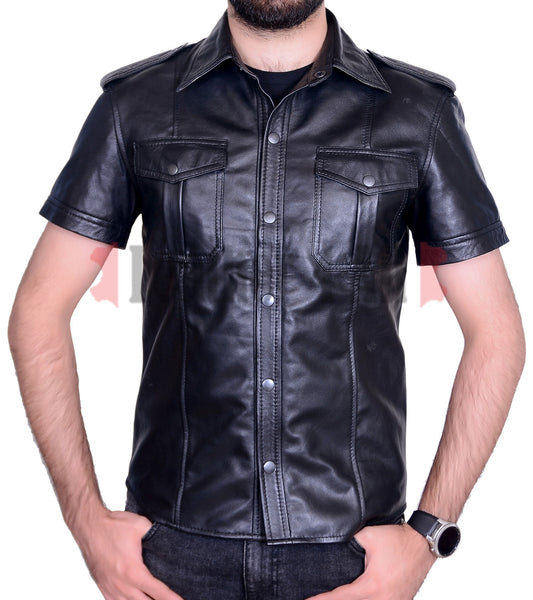 Men's Real Lamb Leather Police Style Sexy Shirt Short Sleeves Leather Shirt