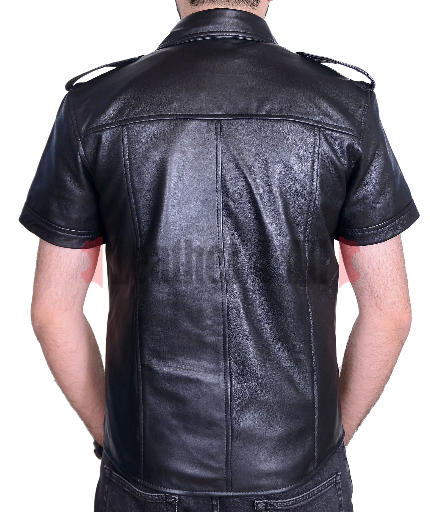 Men's Real Lamb Leather Police Style Sexy Shirt Short Sleeves Leather Shirt