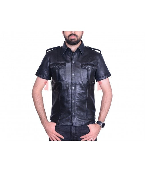 Men's Genuine Lamb Leather Police Uniform Sexy Short Sleeves Quilted Panels Leather Shirt