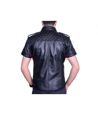 Men's Genuine Lamb Leather Police Uniform Sexy Short Sleeves Quilted Panels Leather Shirt