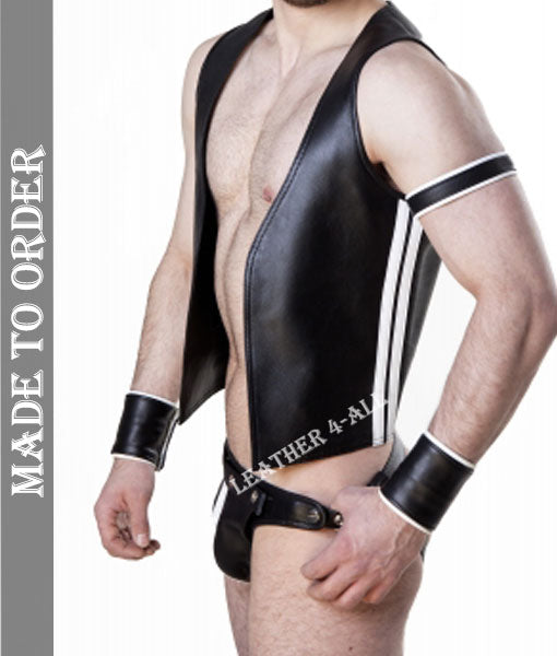 Men's Real Cowhide Natural Grain Contrast Panels Bartender Vest + Jockstrap + 2 Wrist Bands + 1 Arm Bands