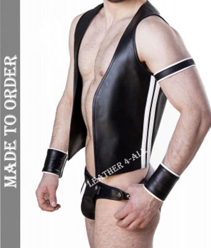 Men's Real Cowhide Natural Grain Contrast Panels Bartender Vest + Jockstrap + 2 Wrist Bands + 1 Arm Bands