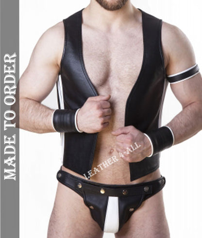 Men's Real Cowhide Natural Grain Contrast Panels Bartender Vest + Jockstrap + 2 Wrist Bands + 1 Arm Bands