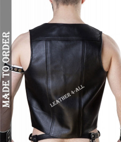 Men's Real Cowhide Natural Grain Contrast Panels Bartender Vest + Jockstrap + 2 Wrist Bands + 1 Arm Bands