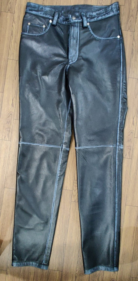 Men's Real Natural Grain Lamb Distressed Leather 5 Pockets Pants Bikers Pants: