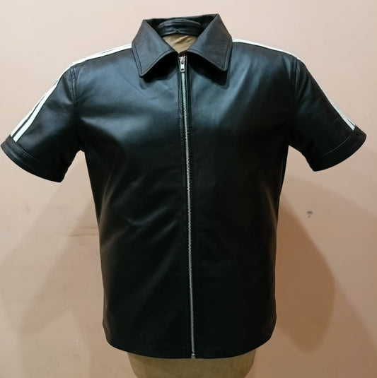 MEN'S REAL LEATHER SHORT SLEEVES ZIP UP SHIRT