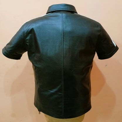 MEN'S REAL LEATHER SHORT SLEEVES ZIP UP SHIRT