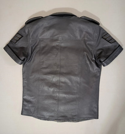 Men's Real Lamb Leather Police Uniform Shirt Sexy Short Sleeve Gray Leather Shirt