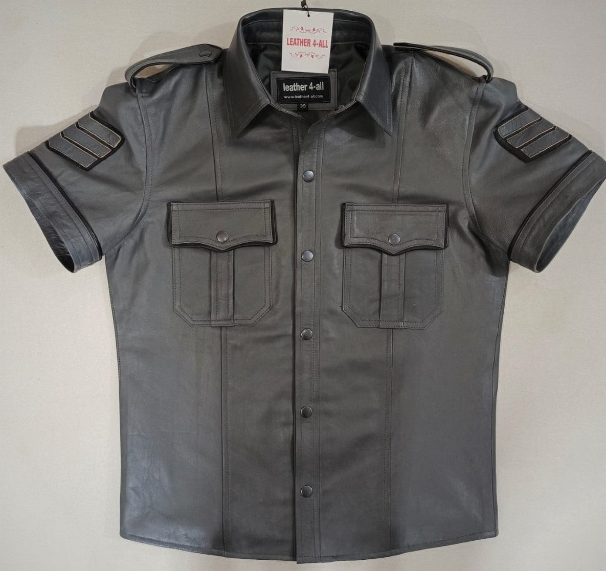 Men's Real Lamb Leather Police Uniform Shirt Sexy Short Sleeve Gray Leather Shirt