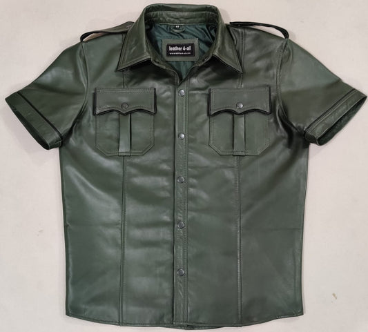 Men's Real Lamb Leather Police Uniform Shirt Sexy Short Sleeve Green With Black Piping Leather Shirt