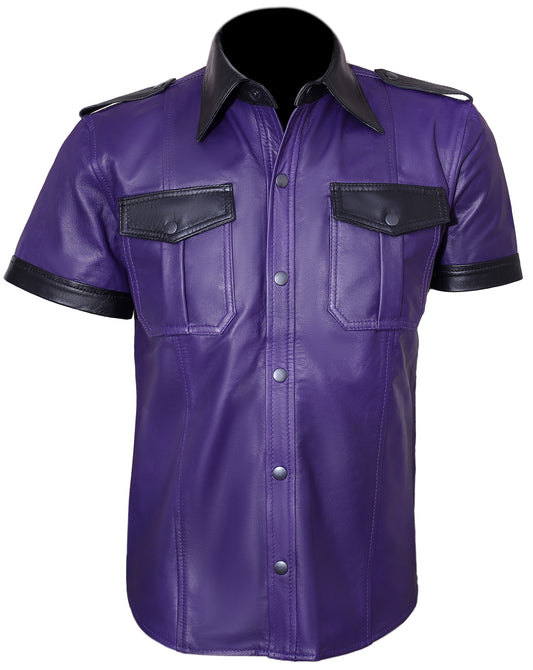 Men's Real Lamb Leather Short Sleeves Shirt Police Style BLUF Shirt