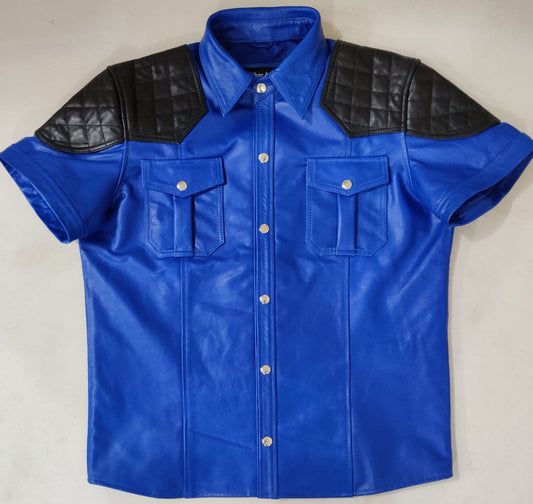 Men's Real Lamb Leather Short Sleeves Shirt Police Style BLUF Shirt