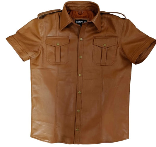 Men's Real Lamb Leather Police Style Sexy Shirt Leather Shirt