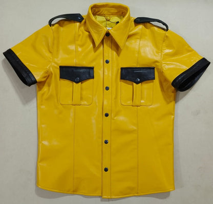 Men's Real Leather Police Uniform Shirt Sexy Short Sleeves Yellow & Black Shirt