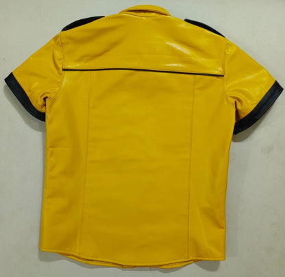 Men's Real Leather Police Uniform Shirt Sexy Short Sleeves Yellow & Black Shirt