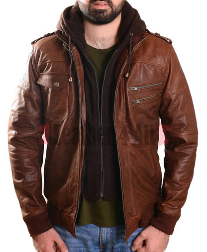 Men's Real Vintage Leather Bomber Detachable Hood Jacket / Vintage Bomber Jacket