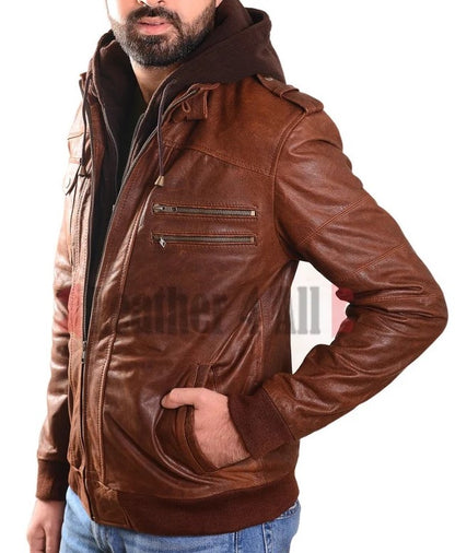 Men's Real Vintage Leather Bomber Detachable Hood Jacket / Vintage Bomber Jacket