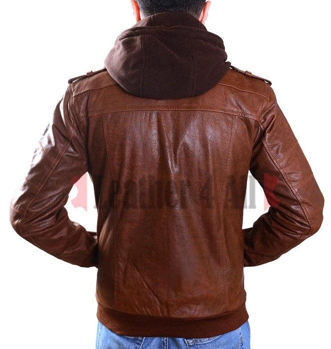 Men's Real Vintage Leather Bomber Detachable Hood Jacket / Vintage Bomber Jacket