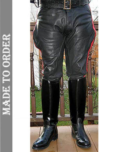 Men's Real Leather Breeches Police Style Pants Red Stripes Leather Breeches