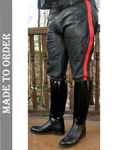 Men's Real Leather Breeches Police Style Pants Red Stripes Leather Breeches