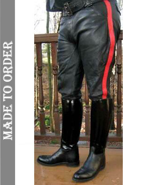 Men's Real Leather Breeches Police Style Pants Red Stripes Leather Breeches