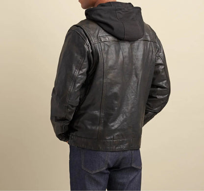 Men's Real Vintage Lamb Leather Trucker Jacket Detachable Hood Bikers Jacket: