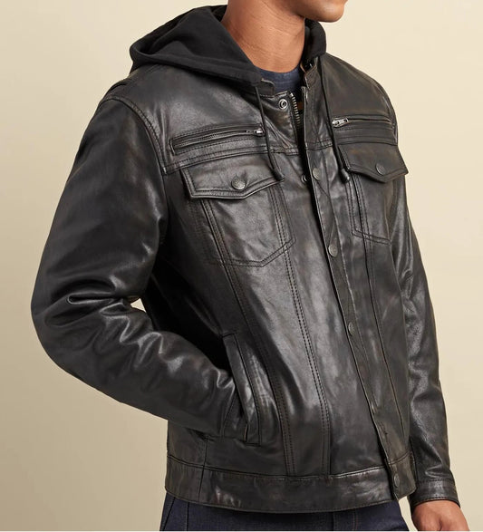 Men's Real Vintage Lamb Leather Trucker Jacket Detachable Hood Bikers Jacket: