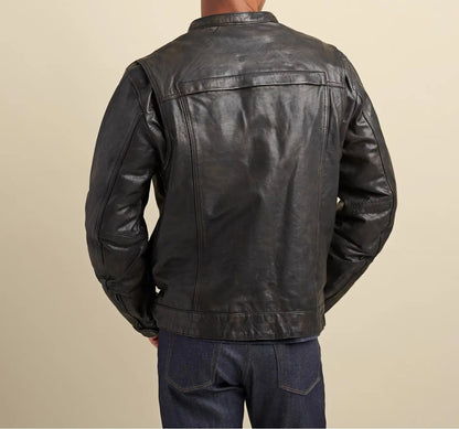 Men's Real Vintage Lamb Leather Trucker Jacket Detachable Hood Bikers Jacket: