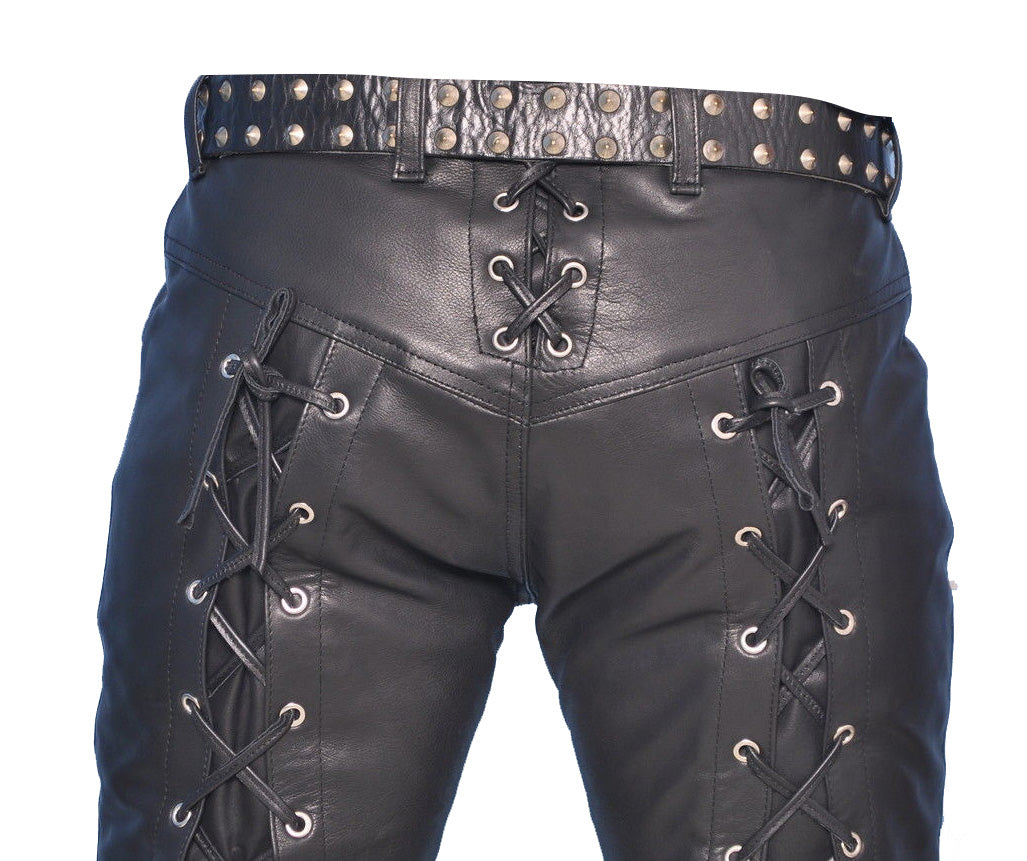 Men's Real Leather Bikers Pants Laces Up Front And Back Leather Pants