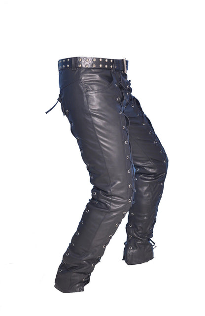 Men's Real Leather Bikers Pants Laces Up Front And Back Leather Pants