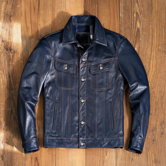 Men's Real Leather Trucker Jacket Contrast Thread Levi's Style Bikers Jacket:
