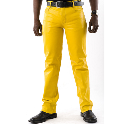 Men's Real Cowhide Blue Leather 5 Pockets Style Pants / Trousers Motor Bikers Pants In Yellow Color