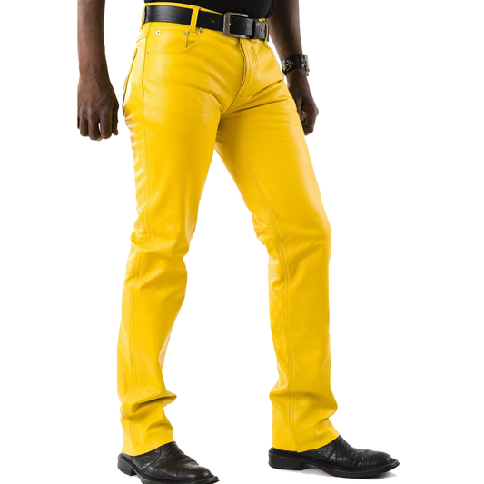 Men's Real Cowhide Blue Leather 5 Pockets Style Pants / Trousers Motor Bikers Pants In Yellow Color