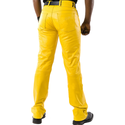 Men's Real Cowhide Blue Leather 5 Pockets Style Pants / Trousers Motor Bikers Pants In Yellow Color