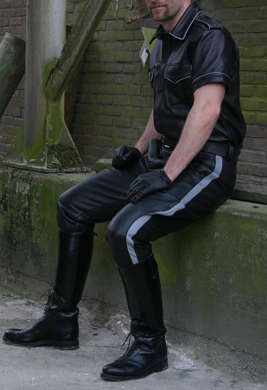 Men's Real Leather Pants & Police Shirt With Gray Piping & Stripes Pants & Shirt: