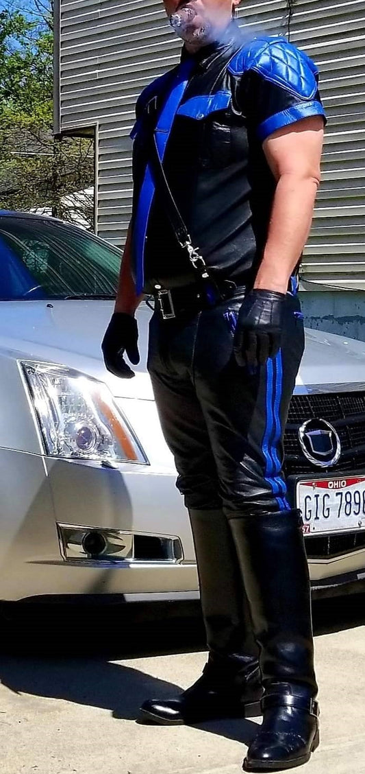 Men's Real Leather Quilted Panels Pants & Police Shirt R.Blue & Black Pants & Shirt:
