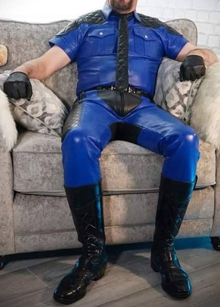 Men's Real Leather Quilted Panels Pants & Police Shirt Royal Blue BLUF Pants & Shirt: