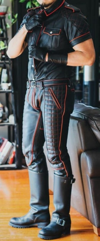 Men's Real Leather Quilted Panels Pants Contrast Thread & Police Shirt With Red Piping: