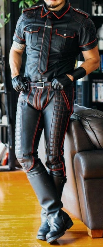 Men's Real Leather Quilted Panels Pants Contrast Thread & Police Shirt With Red Piping: