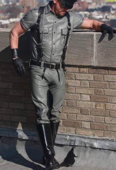 Men's Real Leather Carpenter Pants & Police Shirt BLUF Gray Pants And Shirt: