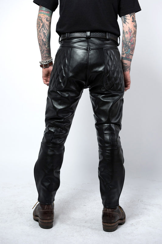 Men's Real Cowhide Natural Grain Leather Pants Quilted Panels Bikers / Gay Interest Pants