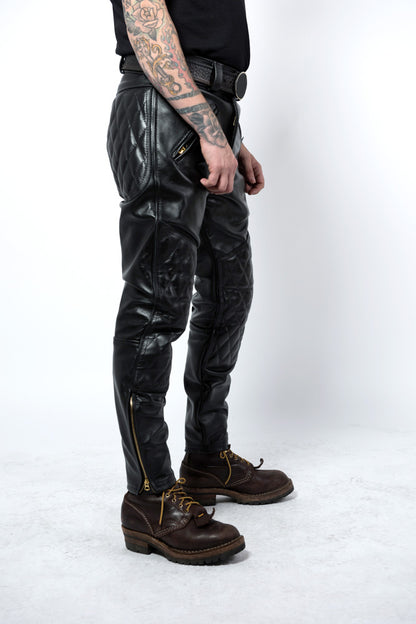 Men's Real Cowhide Natural Grain Leather Pants Quilted Panels Bikers / Gay Interest Pants